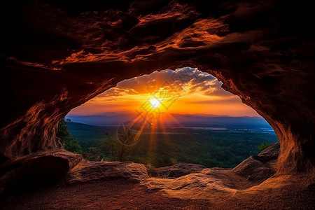洞穴内看到的日落高清图片