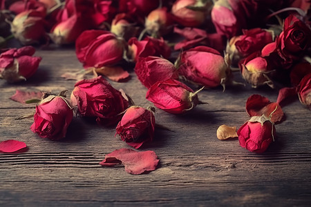 木桌上的玫瑰花干图片