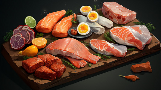 鱼肉蛋奶新鲜的海鲜大餐插画