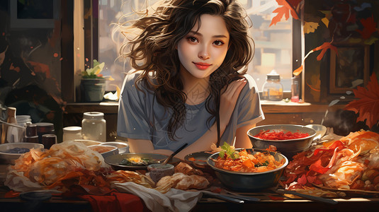 吃韩国菜的女孩图片