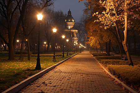 秋天欧洲城市的夜晚景观图片