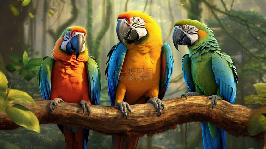 三只彩色的鹦鹉图片