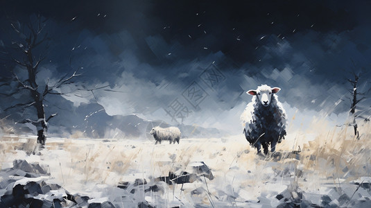 草原上孤独树草原上奔跑的山羊插画