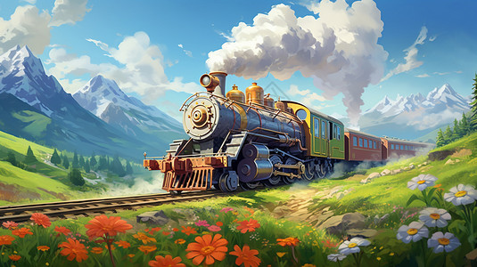 火车机车草原背景下的炫酷机车插画