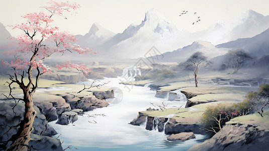 蜿蜒河流的风景画高清图片