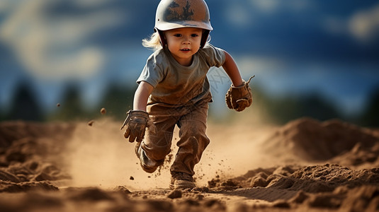 沙地里奔跑的小男孩背景图片