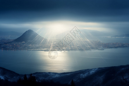 伊雷木湖被光笼罩城市设计图片