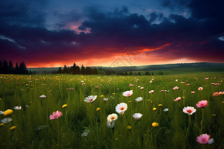 春天洋甘菊花丛的美丽景观图片