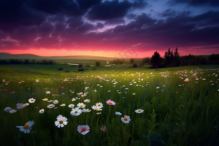 黄昏时分洋甘菊花丛的美丽景观图片