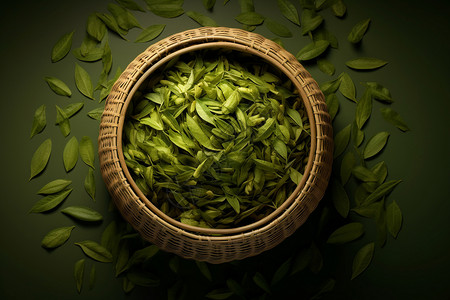 木框中的绿茶叶图片