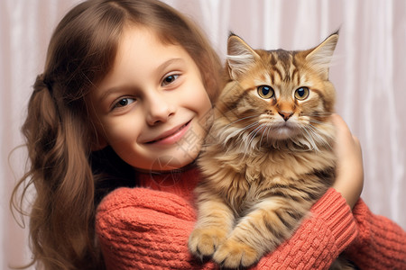 女孩牵着小猫咪抱着小猫咪微笑的小女孩背景