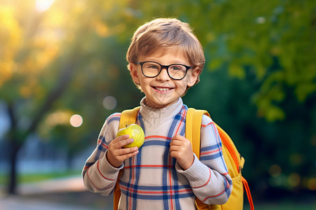 手拿着苹果的眼镜小男孩背景图片