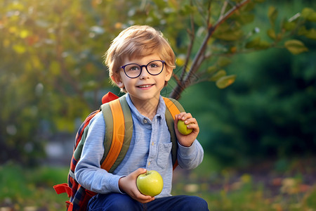 摘柿子的孩子摘苹果的小学生背景
