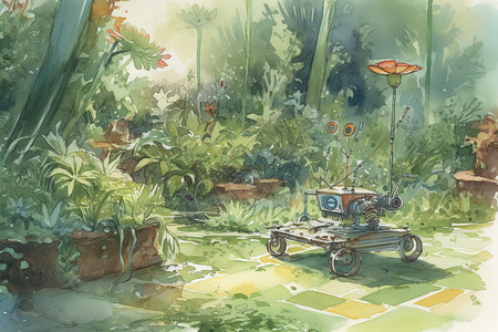 太阳能机器人在花园里工作的水彩画背景图片