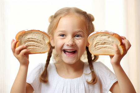 开心拿着面包的女孩图片