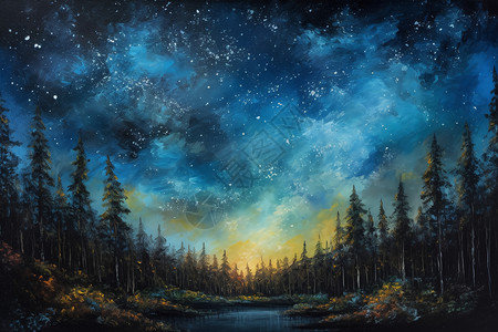 森林中美丽星空的艺术插图背景图片
