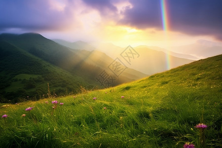 山脉中的风景和彩虹图片