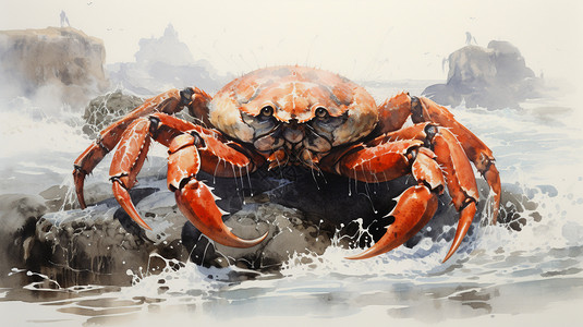 螃蟹水墨绘画的水墨螃蟹插画