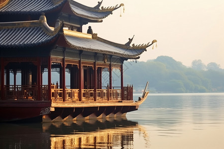 中国风古建筑小船与湖泊高清图片