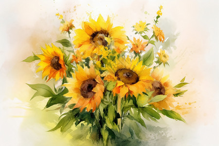 玻璃笔刷素材柔和梦幻的背景下绘制向日葵花束插画
