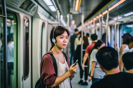 城市地铁中听歌的女生高清图片