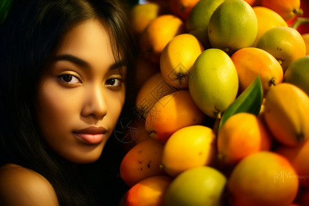 芒果堆旁的外国女子高清图片