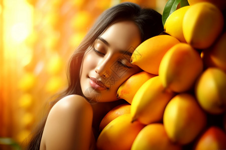 脸颊紧贴芒果的女人高清图片