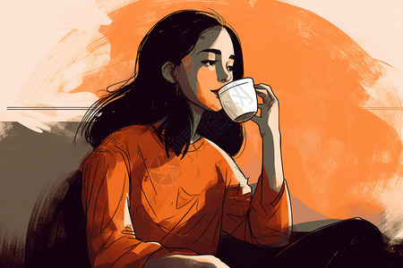 喝咖啡的年轻女子插画背景图片
