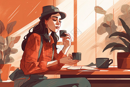 年轻男士喝咖啡窗边喝咖啡的女生插画
