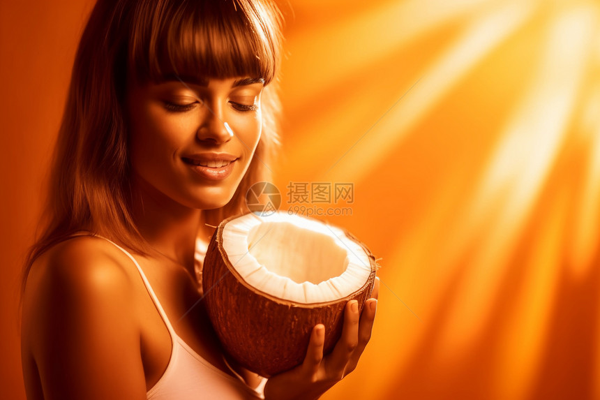 手拿椰子的微笑女子图片