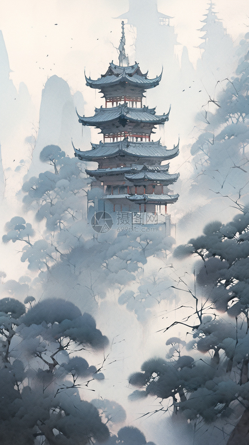 透过浓雾，我们可以看到矗立在山顶上的圣殿。这座寺庙以其宏伟的建筑风格而闻名，表现出神圣的圣和庄严。详细的和绘画细节使寺庙栩栩图片