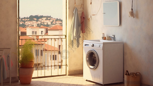 阳台上的滚筒洗衣机高清图片