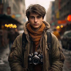 外国街头拍照的男孩高清图片