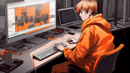 侧身的人用电脑编辑的男孩插画