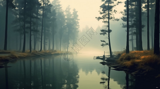迷雾峭壁湖迷雾森林中的湖插画