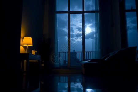 客厅窗外明亮的夜空背景图片