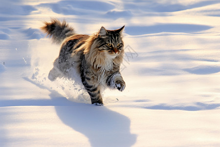 挪威森林猫冬季雪地上奔跑的挪威猫背景