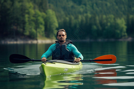 湖中皮划艇上的外国男子背景图片