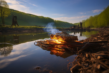 湖泊上的篝火晚会图片