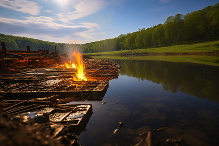 湖泊上点篝火背景图片