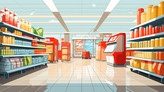 货架安装购物超市内整齐的商品插画