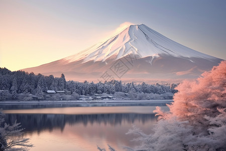 河口湖和富士山美丽的火山景观背景