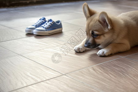 小狗低头看着地板背景图片