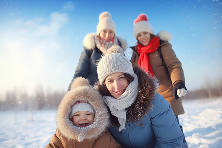 玩雪玩的开心的一家人背景图片