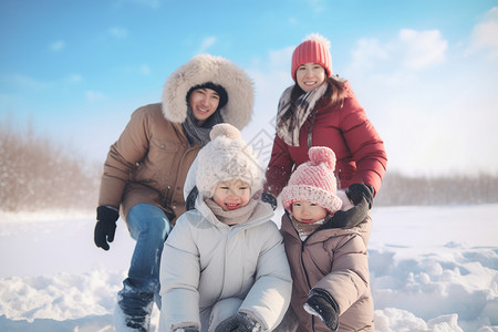 一家子在快乐玩雪背景图片