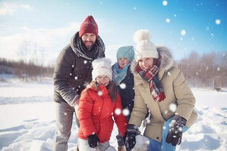 在室外玩雪的一家人图片