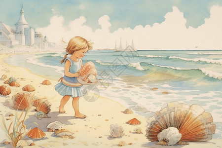 在海边捡贝壳的女孩背景图片