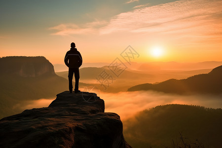 山间日出日出时山间的男子背景