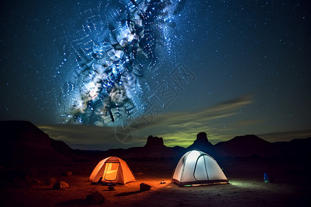沙漠篝火山地上的露营设计图片
