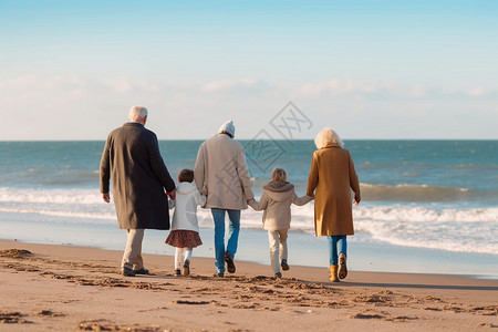 海滩上牵手散步的一家人高清图片